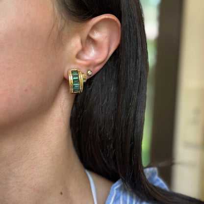 Estate 14KT Yellow Gold Emerald-Cut Green Tourmaline Half-Hoop Earrings