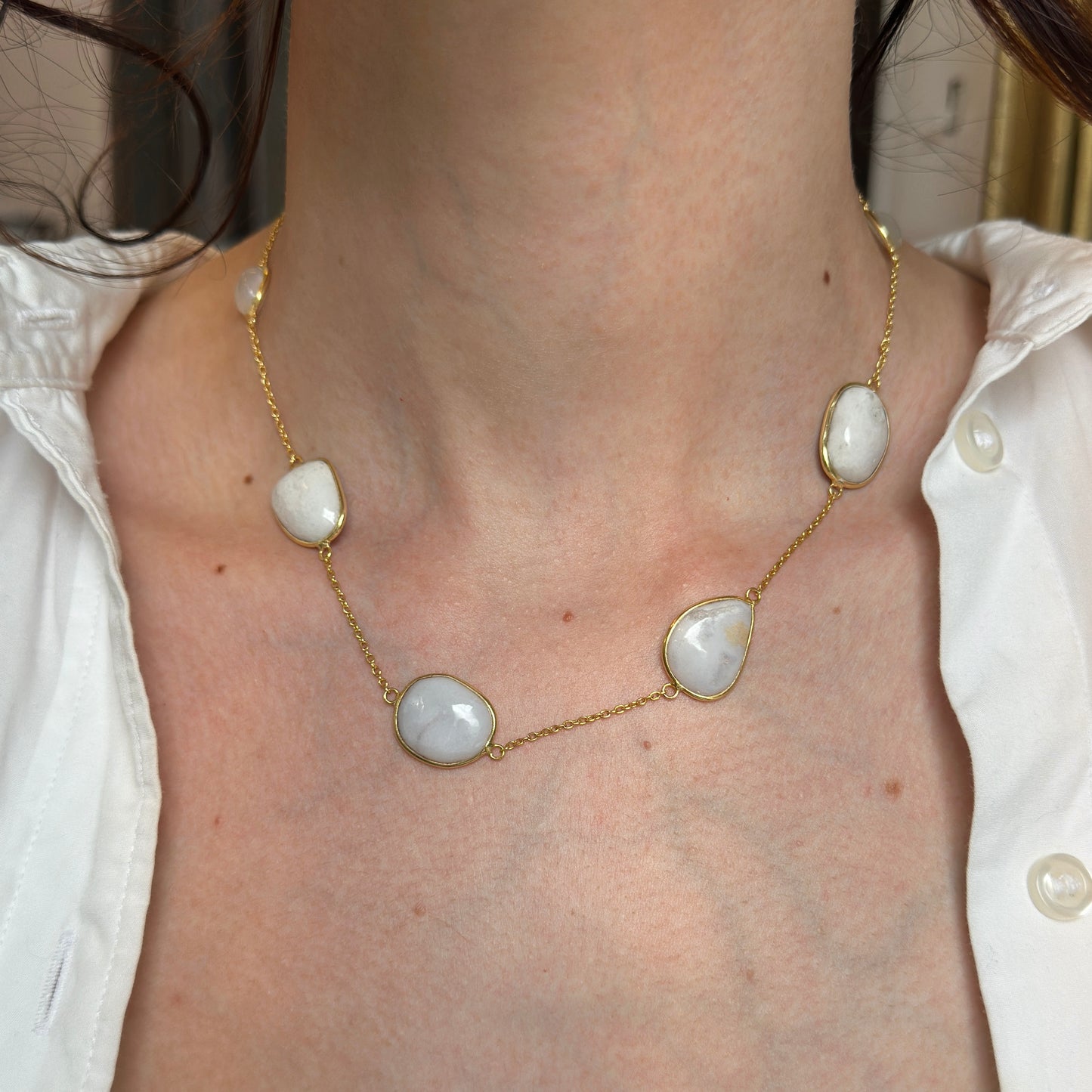 Sterling Silver Yellow Gold-Plated Druzy, Moonstone, Citrine Station Necklace