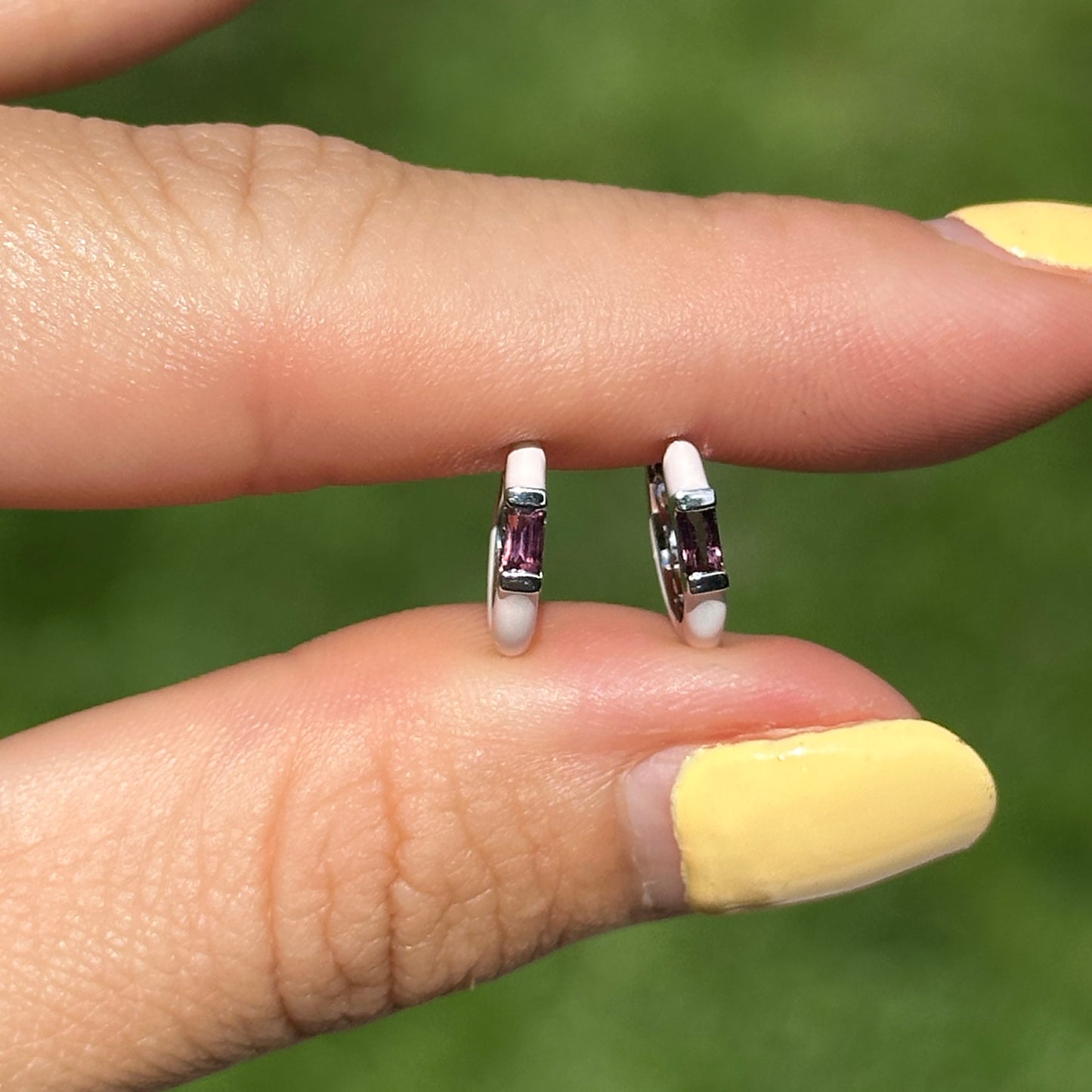 14KT White Gold Pink Enamel + Pink Tourmaline Huggie Hoop Earrings