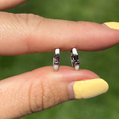 14KT White Gold Pink Enamel + Pink Tourmaline Huggie Hoop Earrings