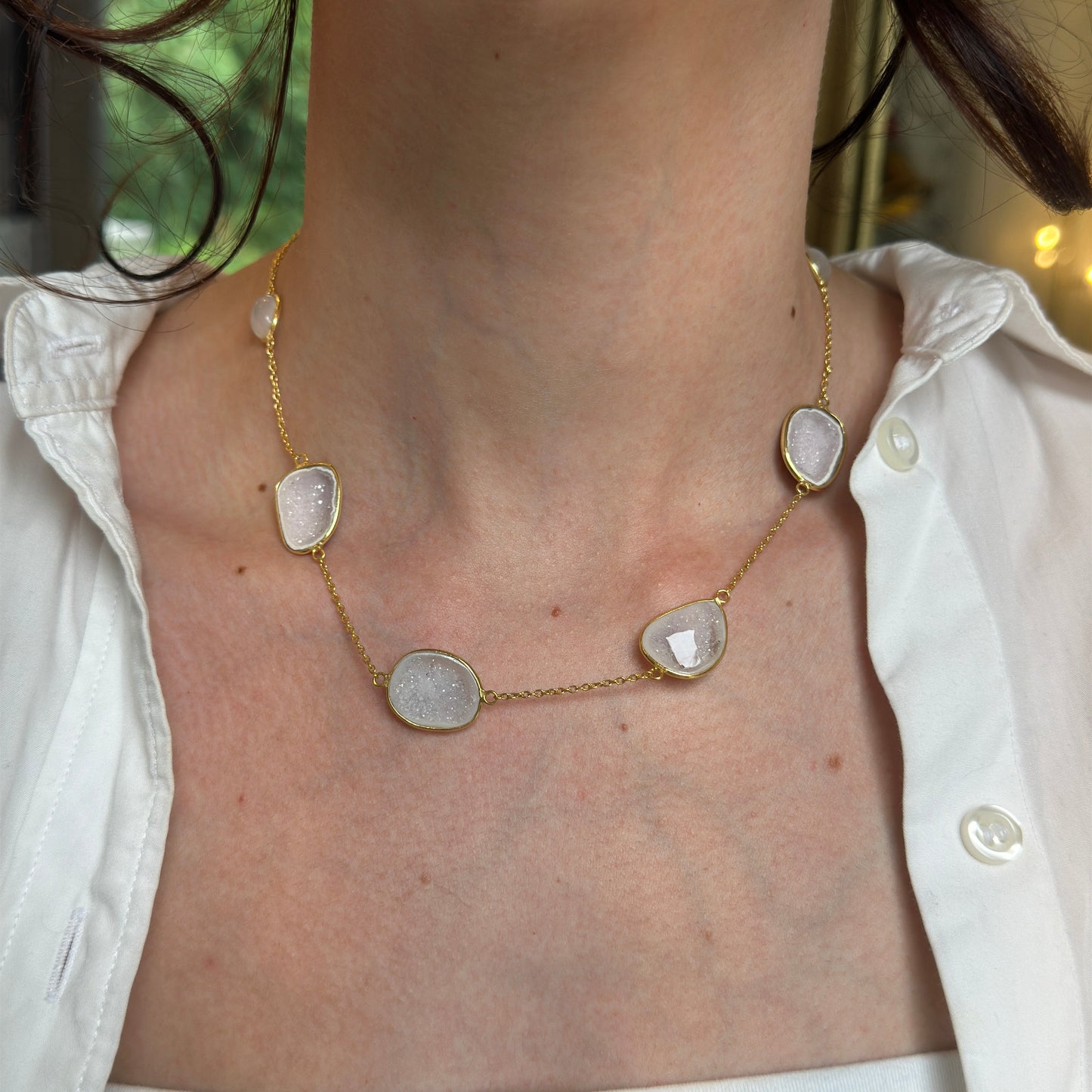 Sterling Silver Yellow Gold-Plated Druzy, Moonstone, Citrine Station Necklace