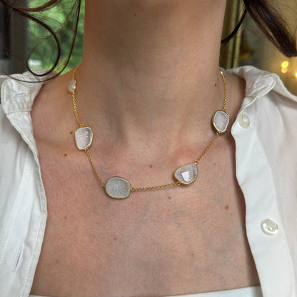 Sterling Silver Yellow Gold-Plated Druzy, Moonstone, Citrine Station Necklace