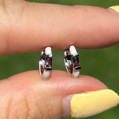 14KT White Gold Pink Enamel + Pink Tourmaline Huggie Hoop Earrings