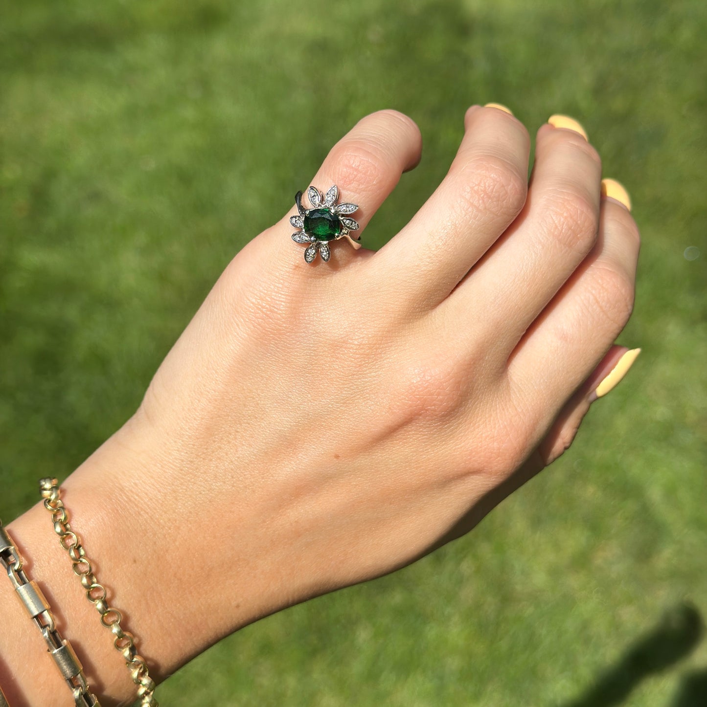 Estate 14KT White Gold Oval Green Tsavorite + Diamond Ring