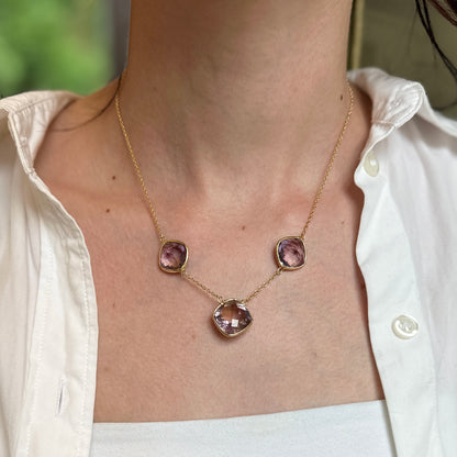 Sterling Silver Yellow Gold-Plated Station Checkerboard Amethyst Necklace