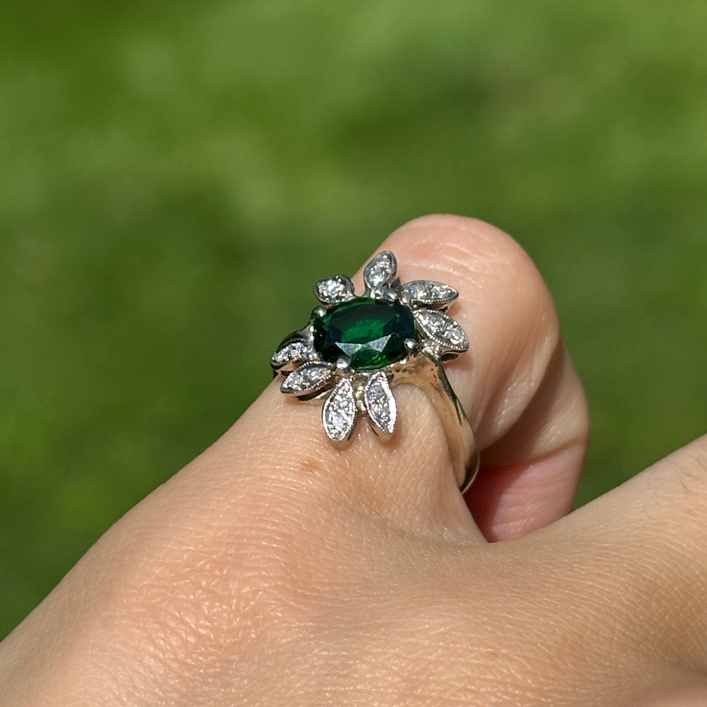 Estate 14KT White Gold Oval Green Tsavorite + Diamond Ring