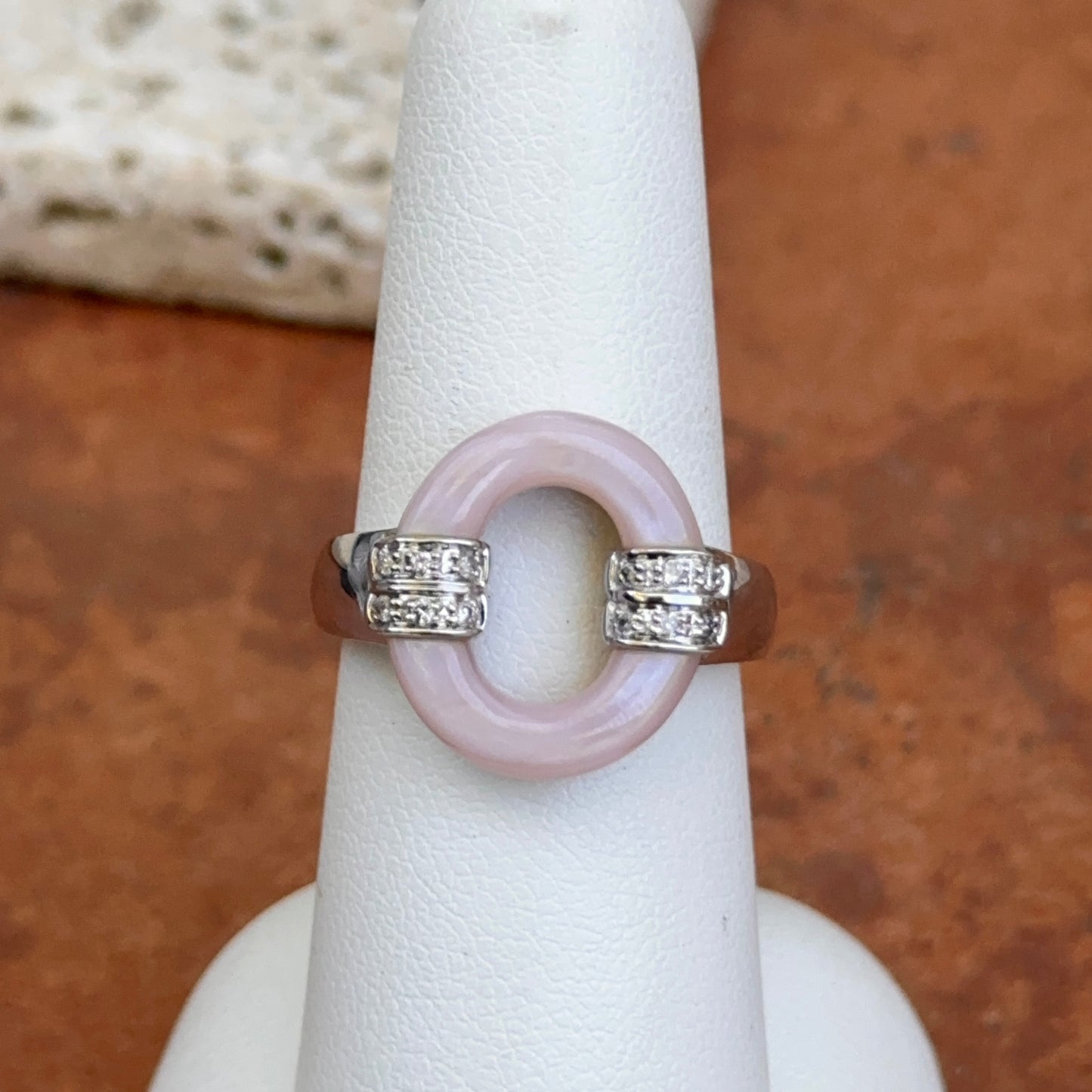 Estate 14KT White Gold Pink Mother of Pearl + Diamond Ring