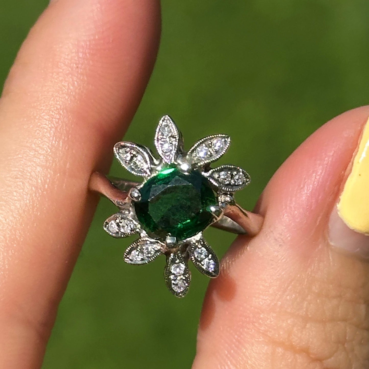 Estate 14KT White Gold Oval Green Tsavorite + Diamond Ring