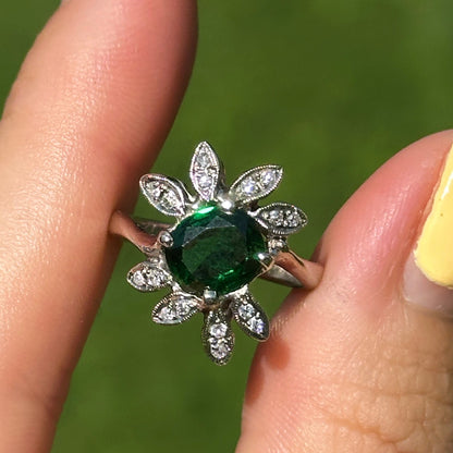 Estate 14KT White Gold Oval Green Tsavorite + Diamond Ring