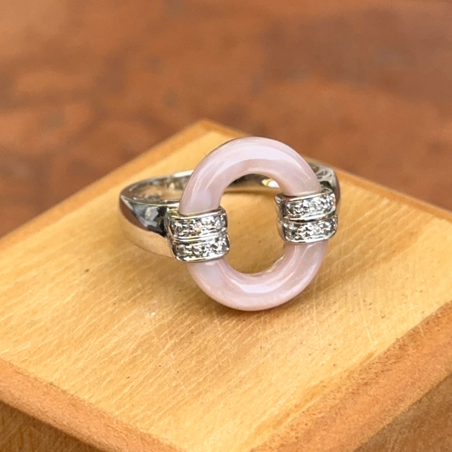 Estate 14KT White Gold Pink Mother of Pearl + Diamond Ring