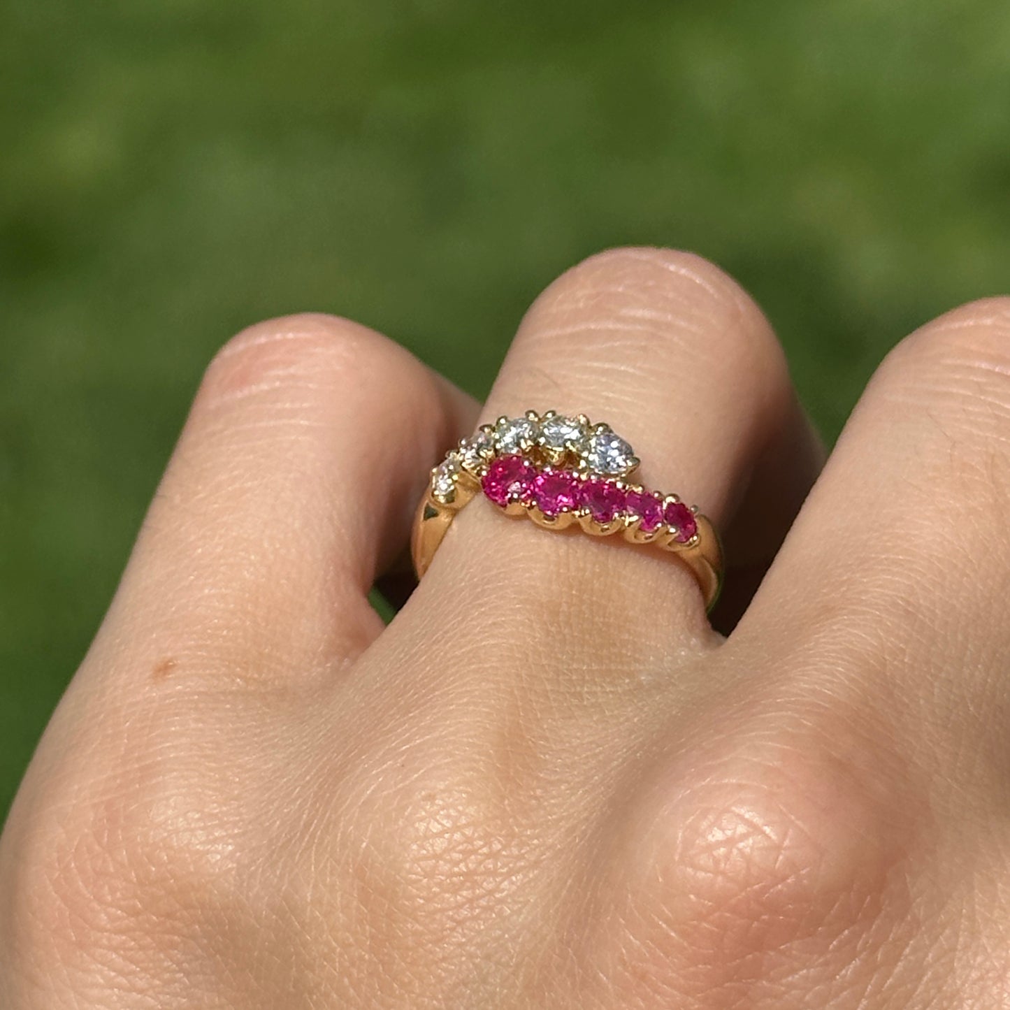 Estate 18KT Yellow Gold Ruby + Diamond Bypass Ring