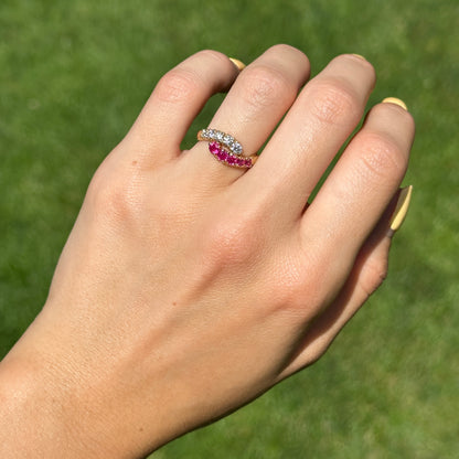 Estate 18KT Yellow Gold Ruby + Diamond Bypass Ring