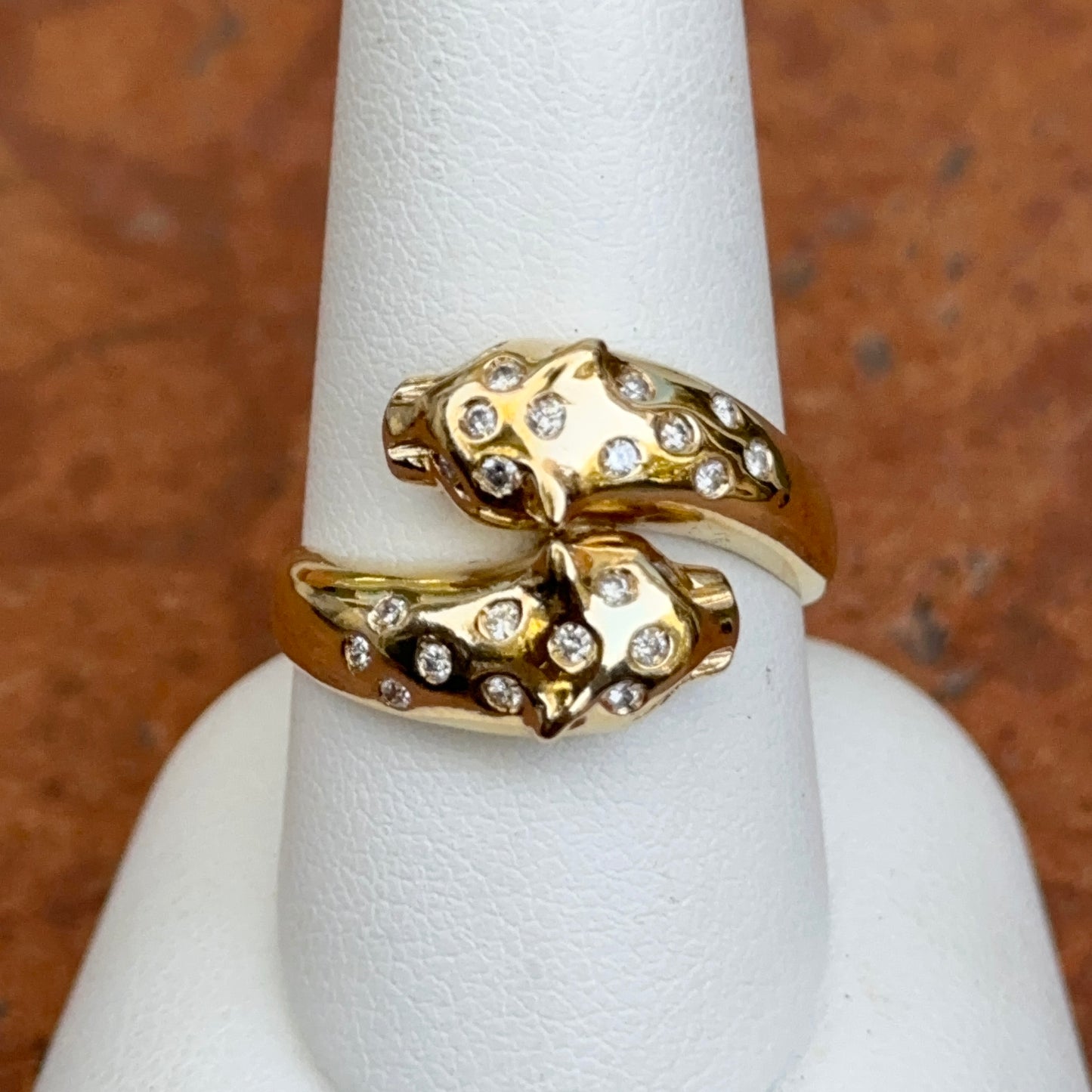 Estate 18KT Yellow Gold Double Panther Bypass Diamond Ring