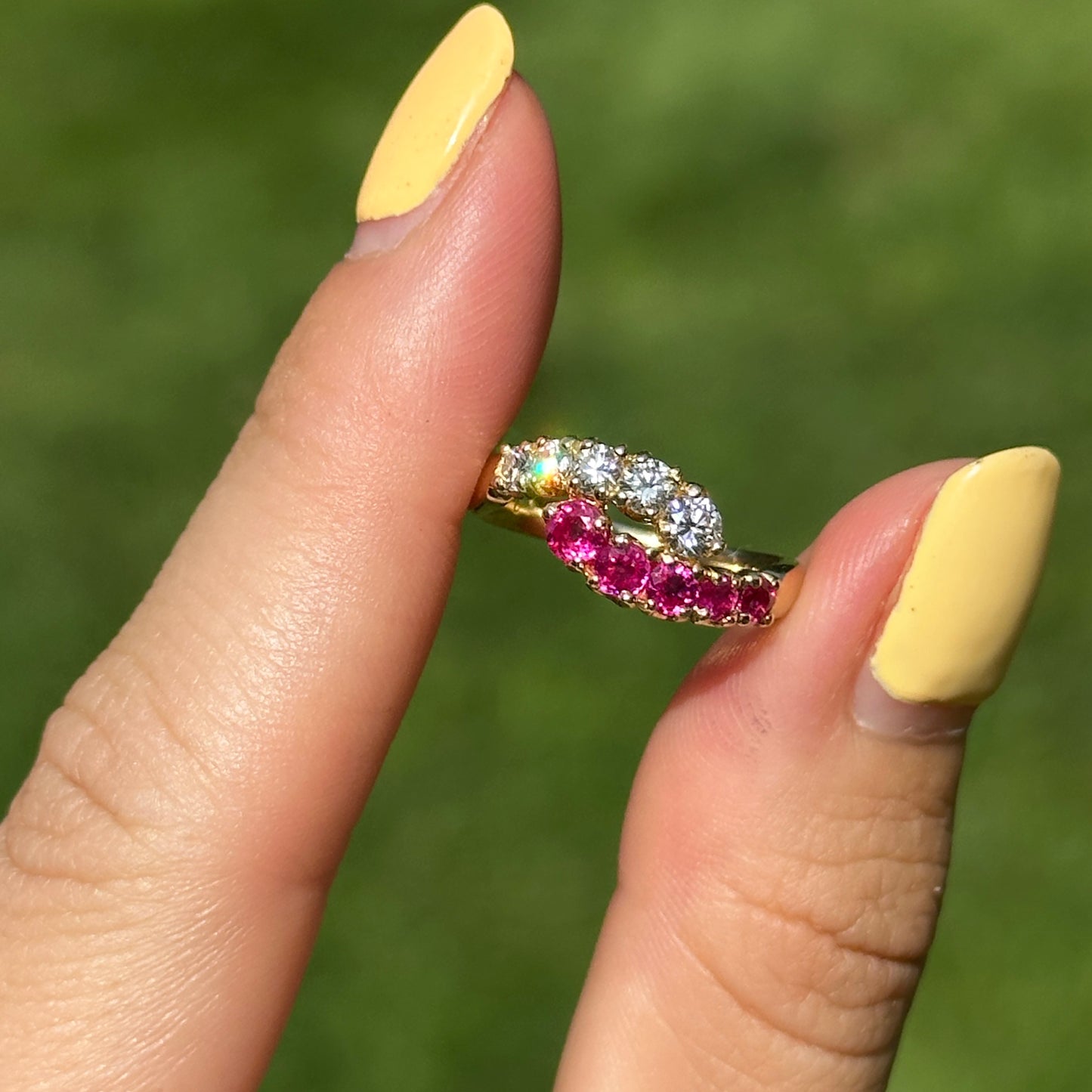 Estate 18KT Yellow Gold Ruby + Diamond Bypass Ring