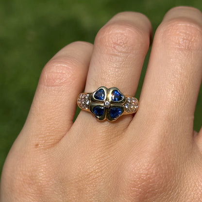 Estate 18KT Yellow Golld Blue Sapphire + Diamond Clover Ring