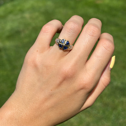 Estate 18KT Yellow Golld Blue Sapphire + Diamond Clover Ring