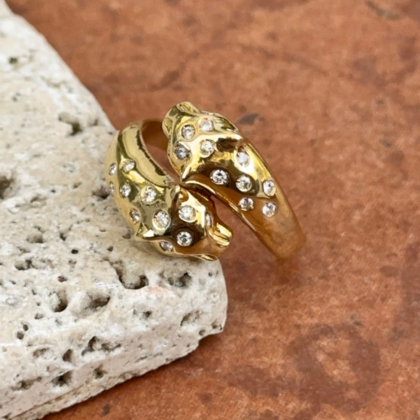 Estate 18KT Yellow Gold Double Panther Bypass Diamond Ring