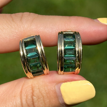 Estate 14KT Yellow Gold Emerald-Cut Green Tourmaline Half-Hoop Earrings