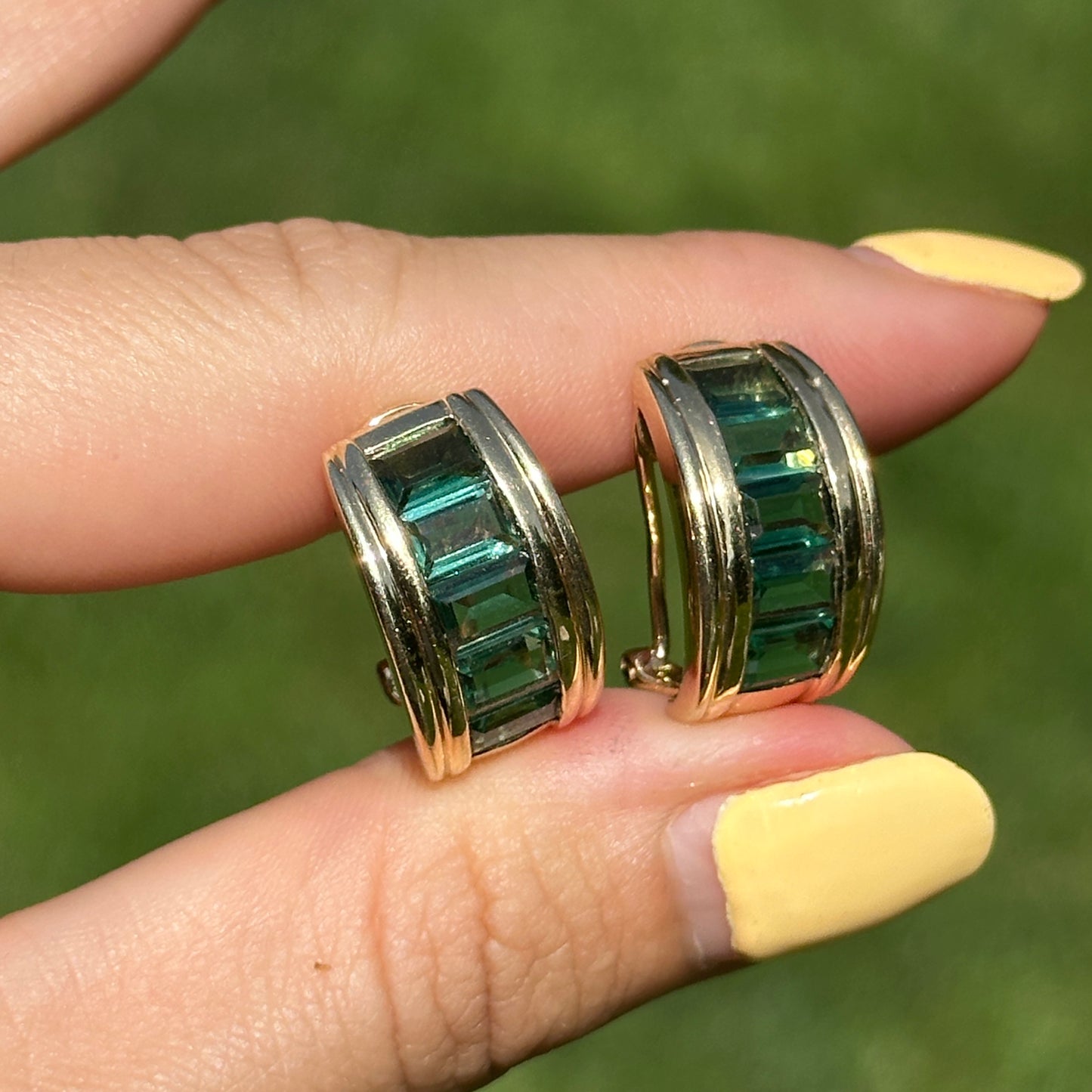 Estate 14KT Yellow Gold Emerald-Cut Green Tourmaline Half-Hoop Earrings