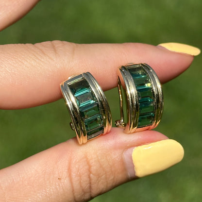 Estate 14KT Yellow Gold Emerald-Cut Green Tourmaline Half-Hoop Earrings