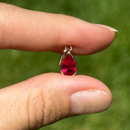 14KT Yellow Gold Lab Created Ruby Teardrop Bezel-Set Pendant Charm