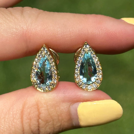 Estate 18KT Yellow Gold Pear Aquamarine + Diamond Halo Earrings