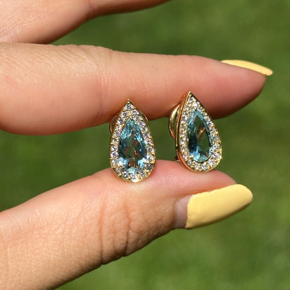 Estate 18KT Yellow Gold Pear Aquamarine + Diamond Halo Earrings