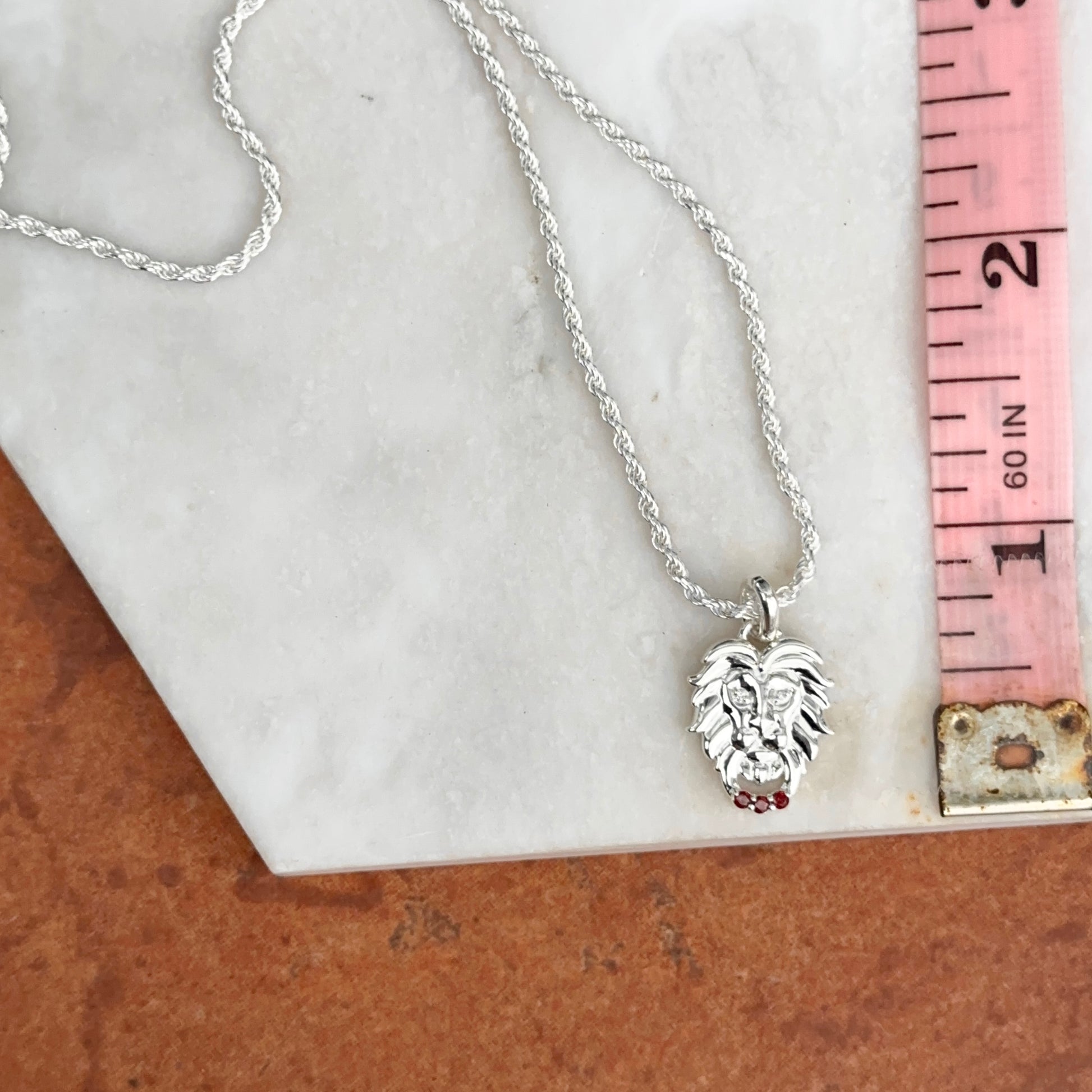 Sterling Silver Garnet + Diamond Lion Pendant Chain Necklace 20" - LSJ