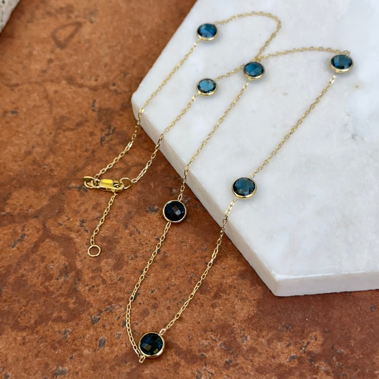 Estate 14KT Yellow Gold Bezel London Blue Topaz Station Necklace