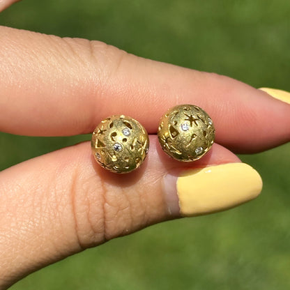 Estate 18KT Yellow Gold Diamond Celestial Ball Stud Earrings