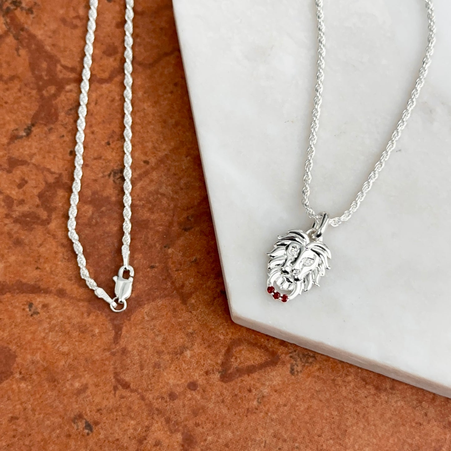 Sterling Silver Garnet + Diamond Lion Pendant Chain Necklace 20" - LSJ