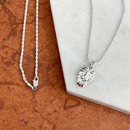 Sterling Silver Garnet + Diamond Lion Pendant Chain Necklace 20" - LSJ