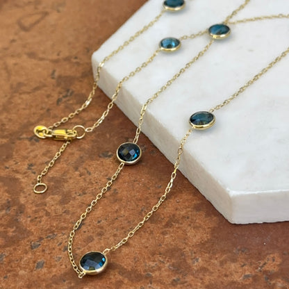 Estate 14KT Yellow Gold Bezel London Blue Topaz Station Necklace