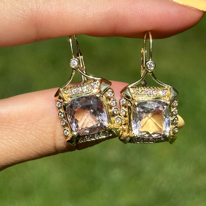 Estate 18KT Yellow Gold Cushion Kunzite + Diamond Drop Earrings