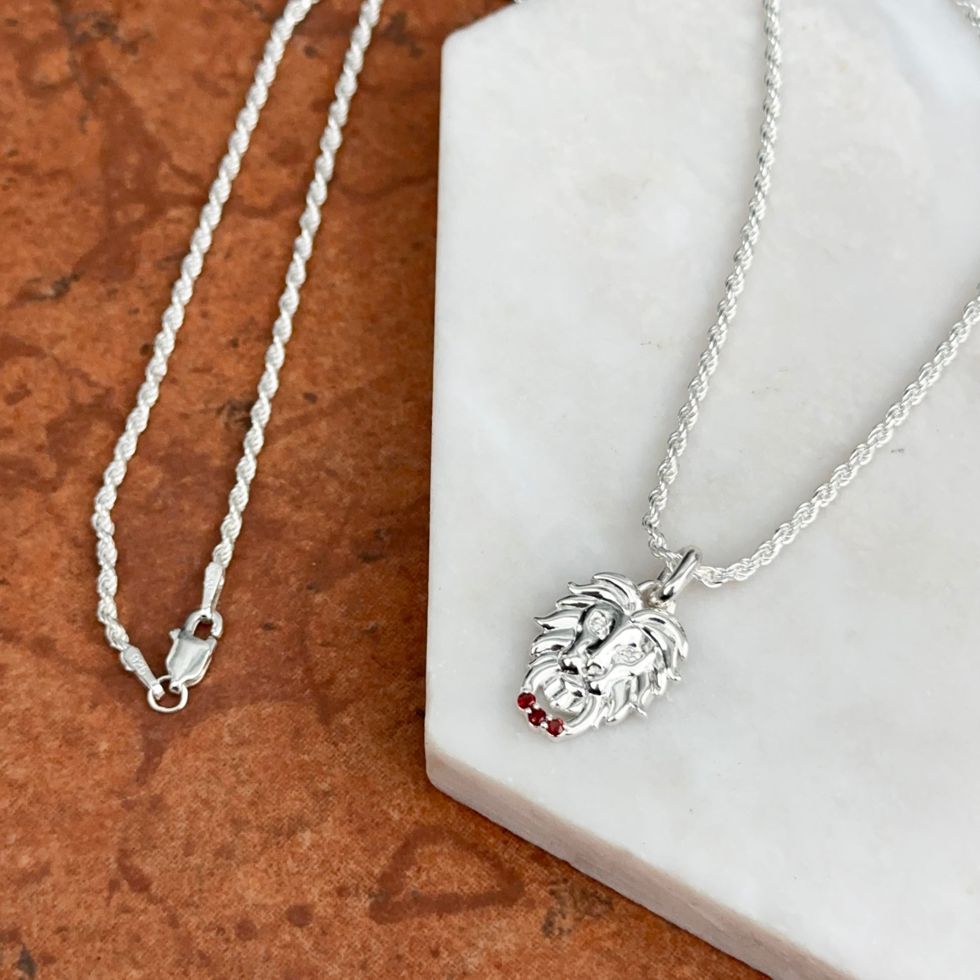 Sterling Silver Garnet + Diamond Lion Pendant Chain Necklace 20" - LSJ