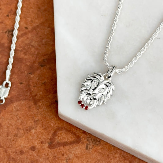 Sterling Silver Garnet + Diamond Lion Pendant Chain Necklace 20"