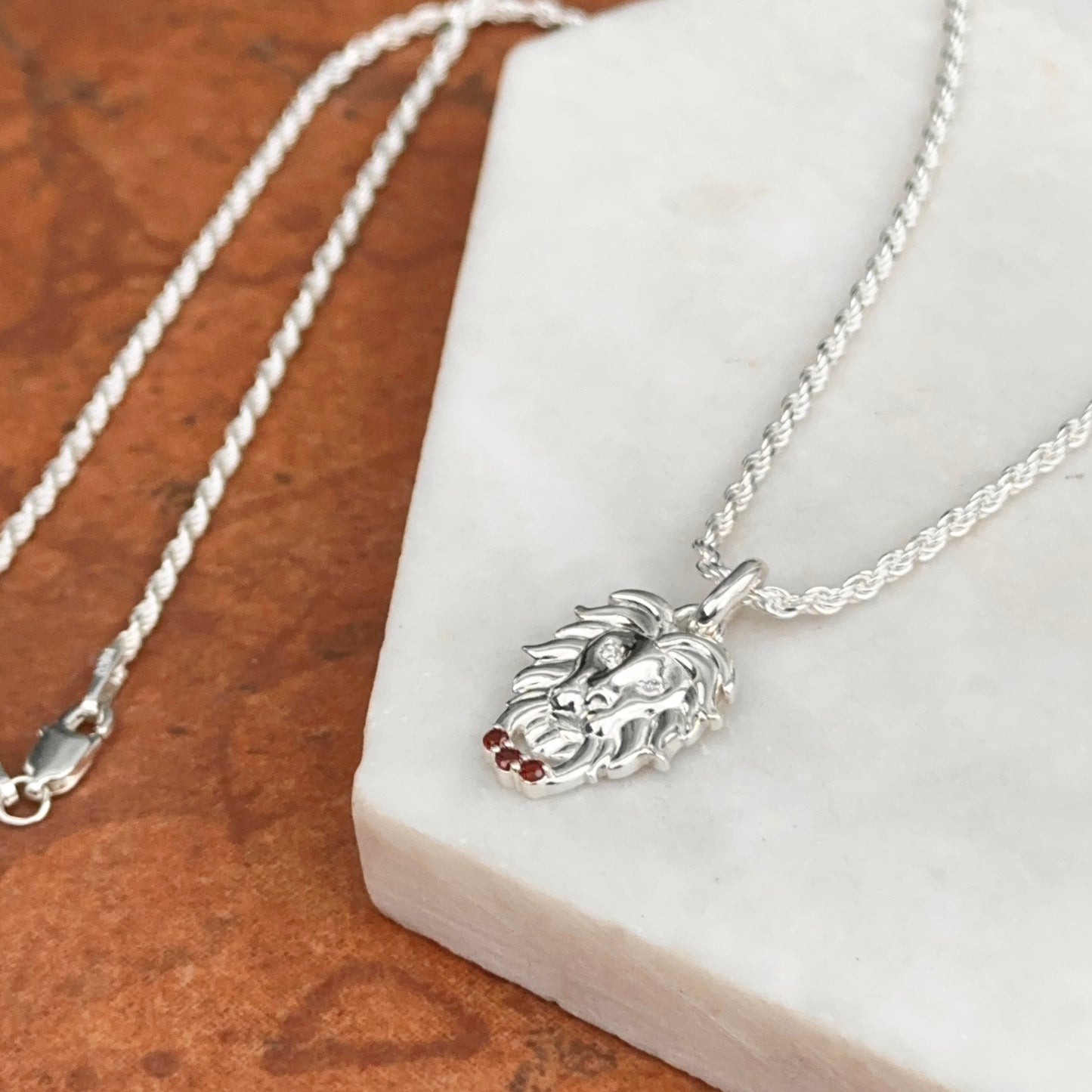 Sterling Silver Garnet + Diamond Lion Pendant Chain Necklace 20" - LSJ