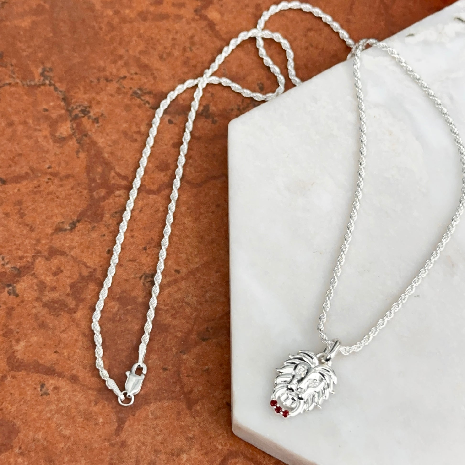 Sterling Silver Garnet + Diamond Lion Pendant Chain Necklace 20" - LSJ