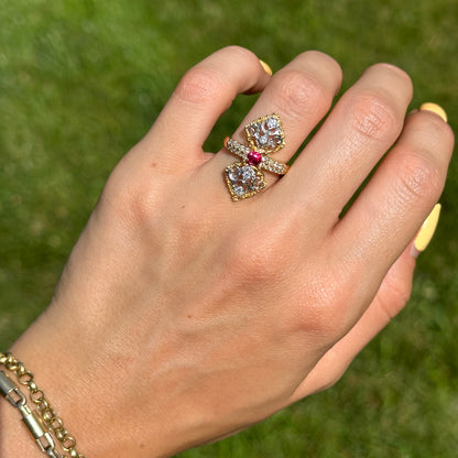 Estate 18KT Yellow Gold Diamond + Ruby Art Deco Ring