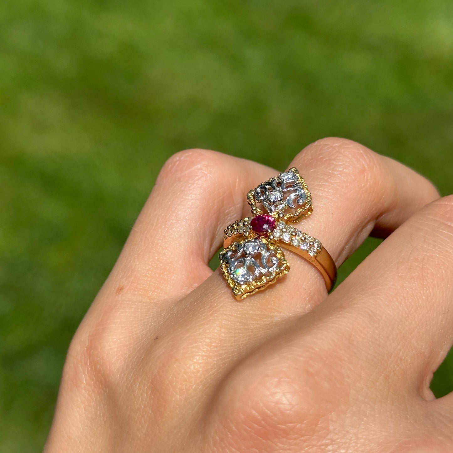 Estate 18KT Yellow Gold Diamond + Ruby Art Deco Ring