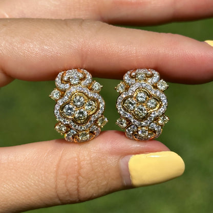 Estate 18KT Yellow Gold White + Yellow Diamond Huggie Hoop Earrings