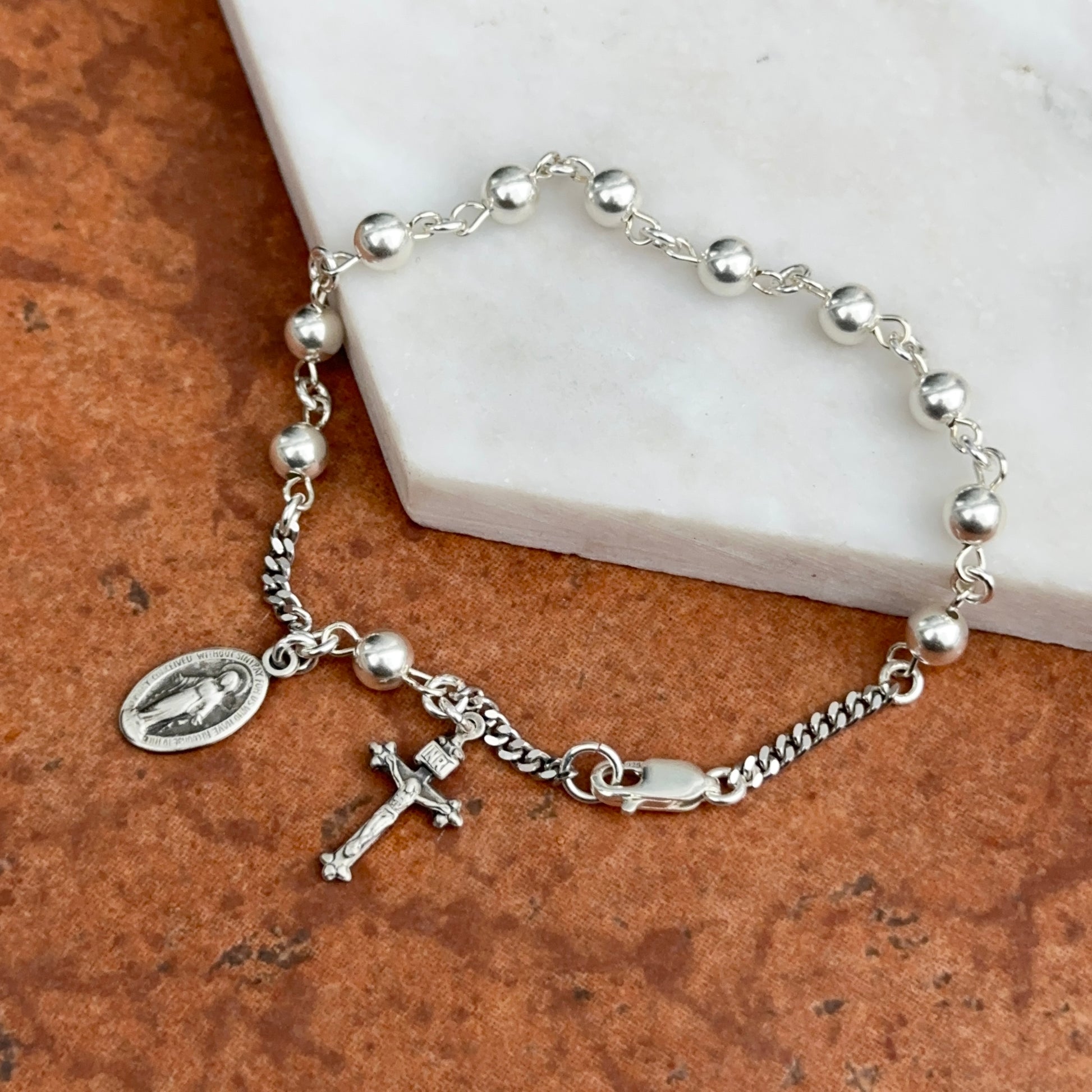 Sterling Silver Beaded Chain Rosary Miraculous Crucifix Bracelet 7.5" - LSJ