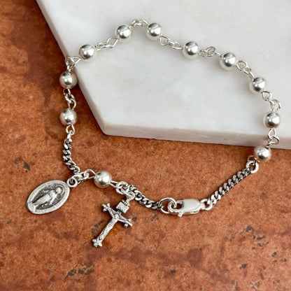 Sterling Silver Beaded Chain Rosary Miraculous Crucifix Bracelet 7.5" - LSJ