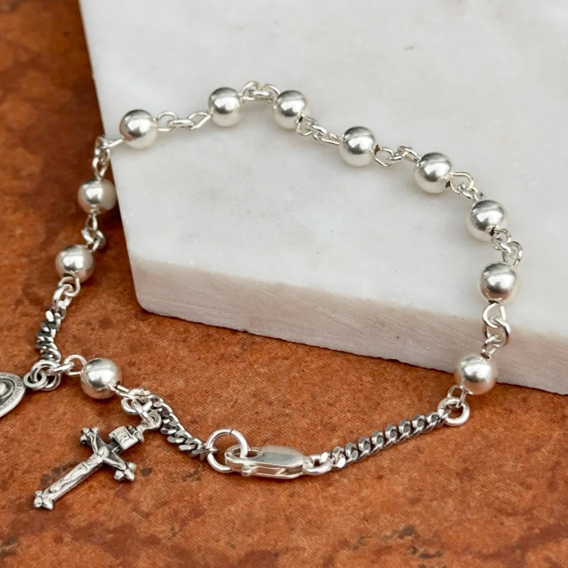 Sterling Silver Beaded Chain Rosary Miraculous Crucifix Bracelet 7.5" - LSJ