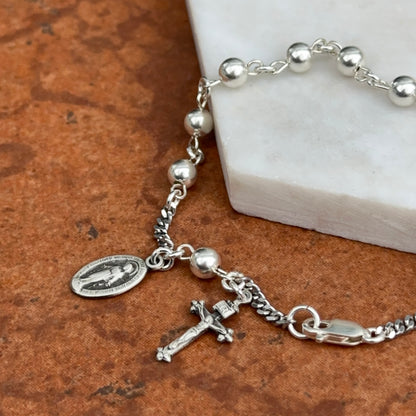 Sterling Silver Beaded Chain Rosary Miraculous Crucifix Bracelet 7.5" - LSJ