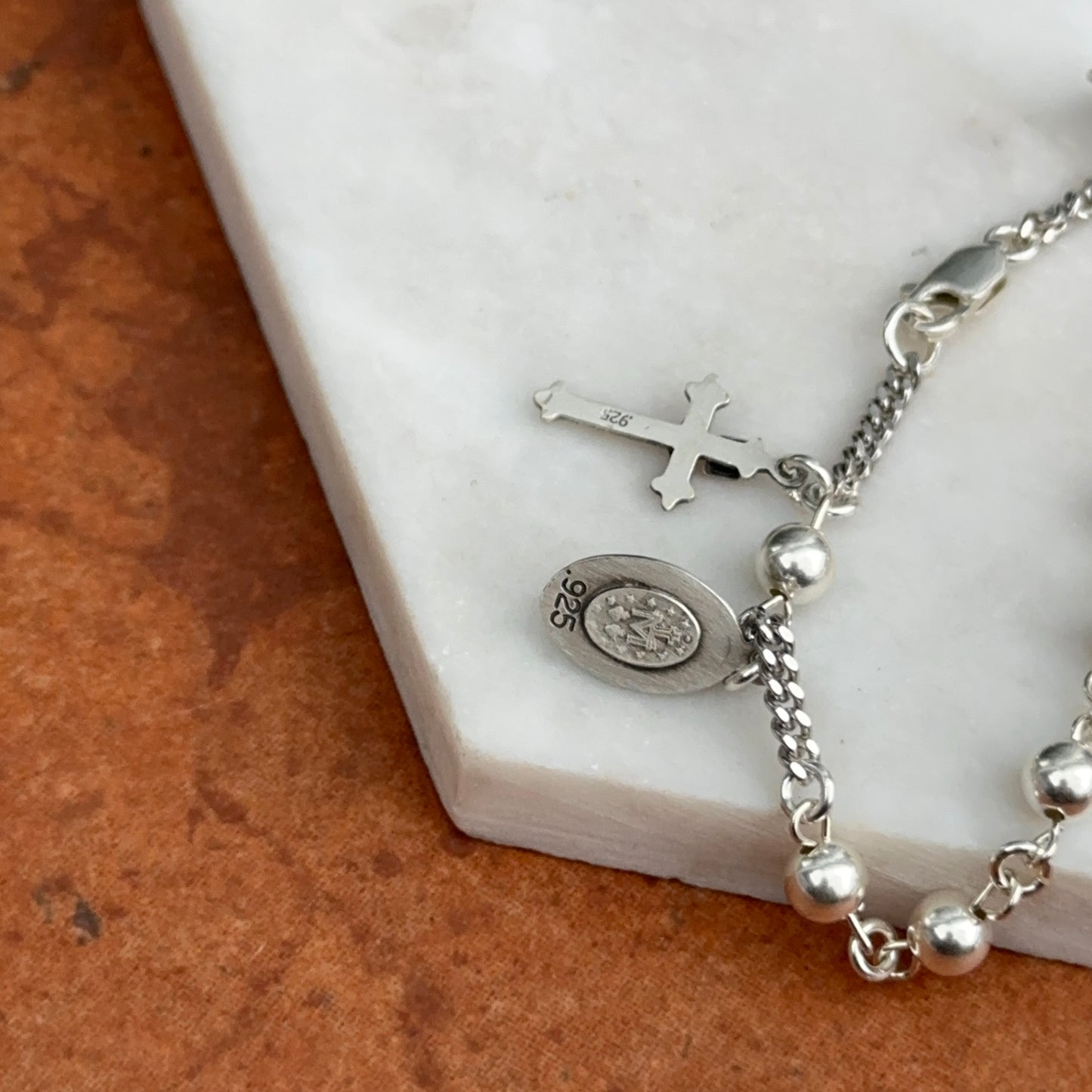 Sterling Silver Beaded Chain Rosary Miraculous Crucifix Bracelet 7.5" - LSJ