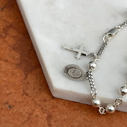 Sterling Silver Beaded Chain Rosary Miraculous Crucifix Bracelet 7.5" - LSJ