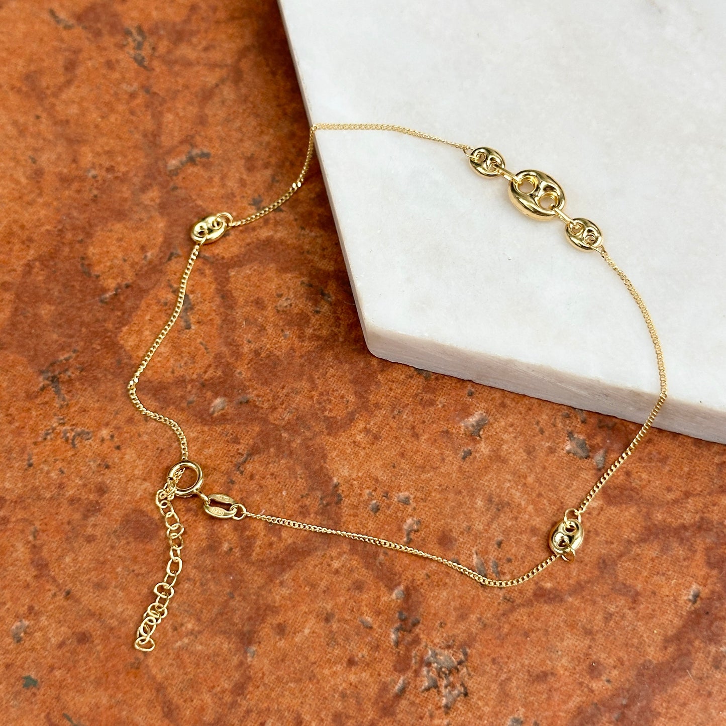 14KT Yellow Gold Station Puffed Mariner Anklet