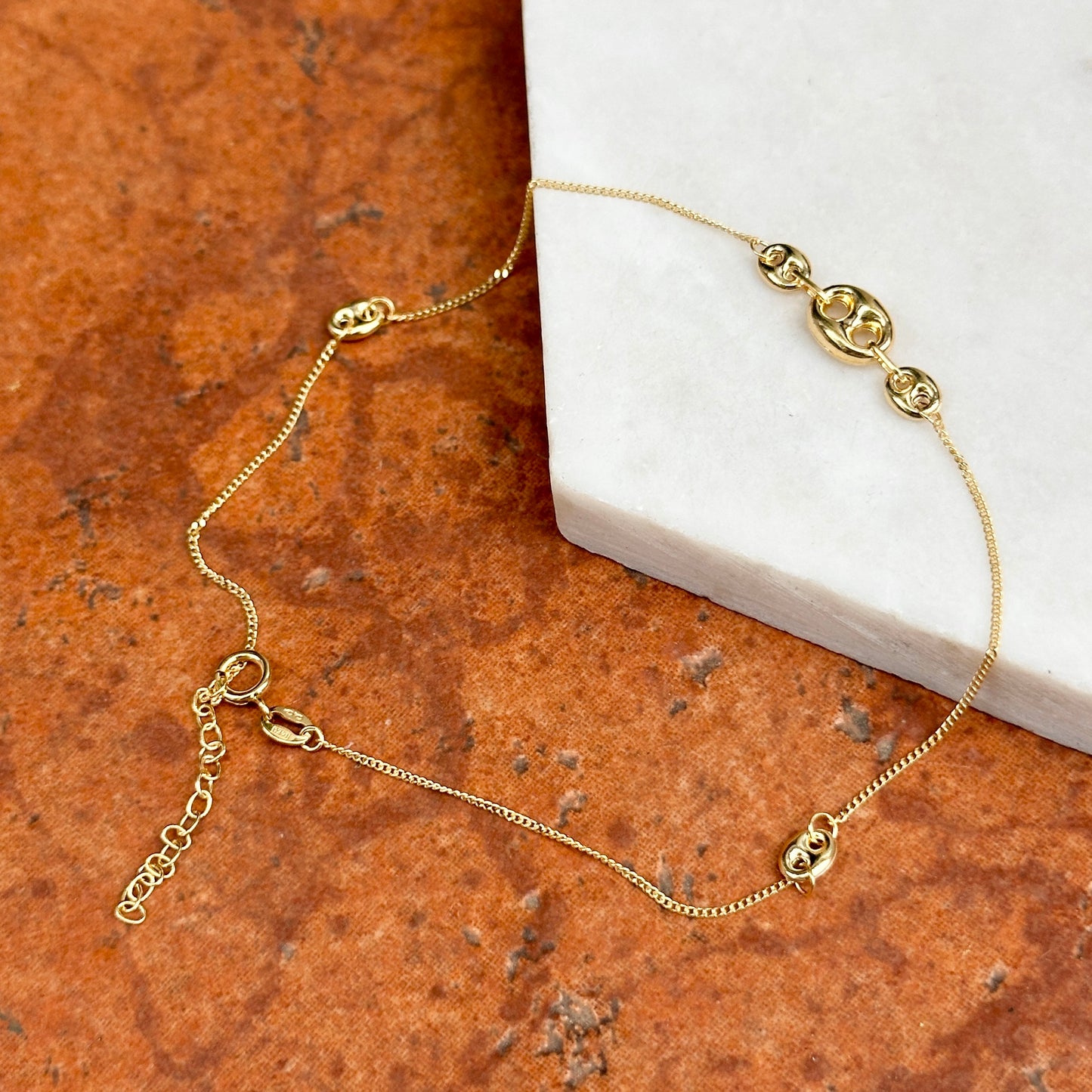 14KT Yellow Gold Station Puffed Mariner Anklet