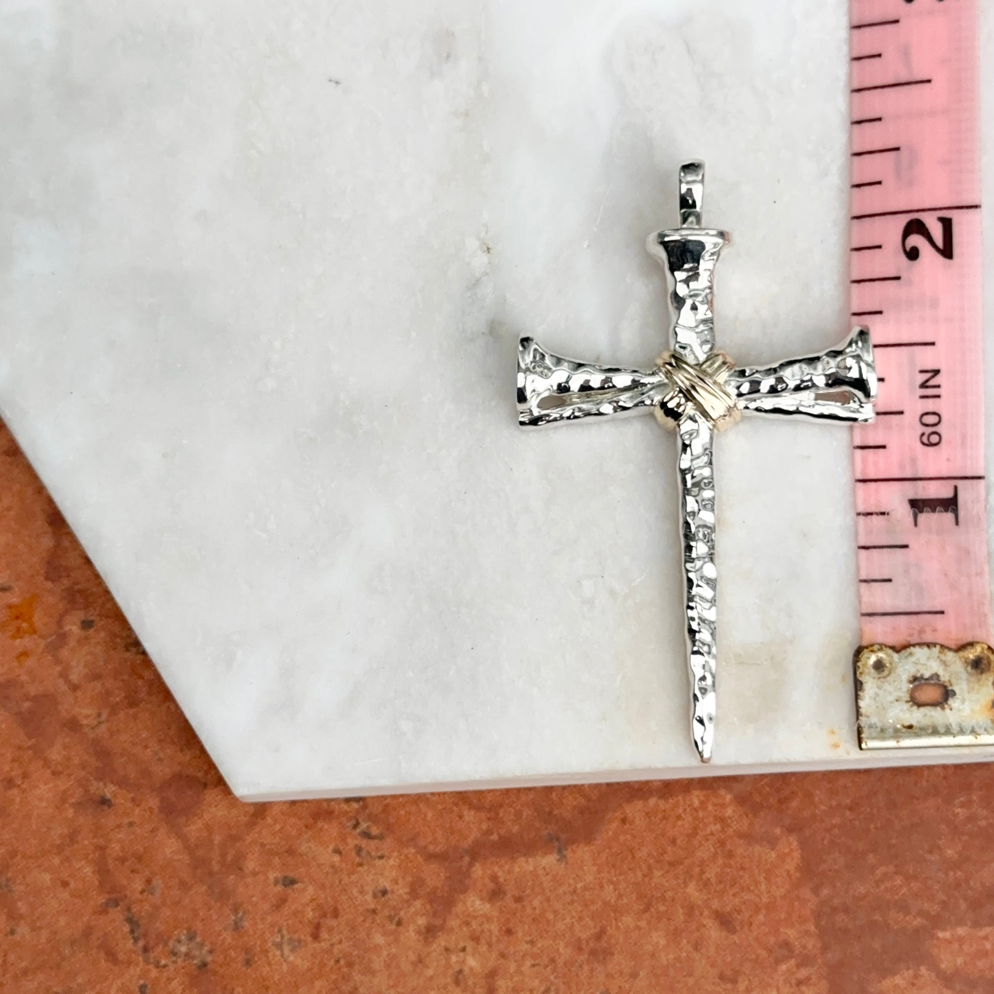 14KT Yellow Gold + White Gold Shiny Nail Cross Pendant - LSJ